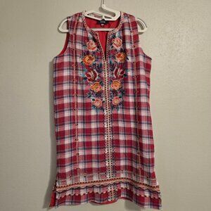 Johnny Was Pullover Workshop Peasant Size XS Red London Plaid Embroidered Dress